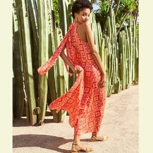 Ann Taylor Maxi Dress Tiled Halter Jupiter Orange Small